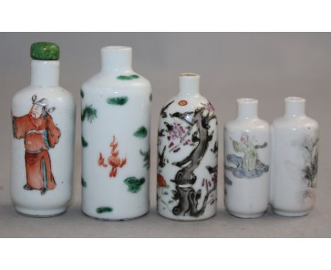 Four Chinese enamelled porcelain snuff bottles, 1830-1908, three of cylindrical form, the first painted with a green dragon, 