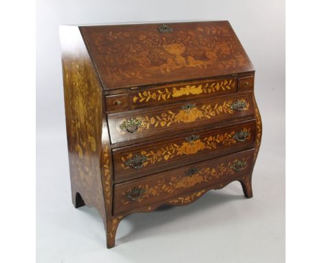 An early 19th century Dutch marquetry oak bureau, decorated with flowers, birds and insects, with fall front above two small 