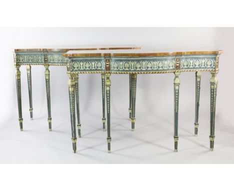 A pair of Neo-Classical style breakfront side tables, the crossbanded satinwood tops inlaid with fan motif and bell flower de