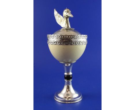 A 20th century Italian silver plate mounted ostrich egg by Fausto? Benazzi, Firenze, modelled as a pedestal cup with hinged c