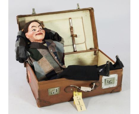 An Edwardian ventriloquist's dummy, 'Jimmy Green', painted papier mache and wood with moving glass eyes, lips and mouth, with