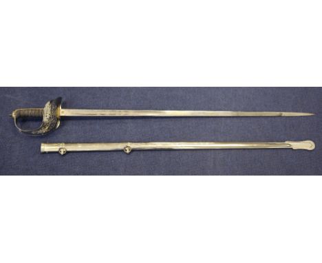 A Victorian 1895 pattern infantry officer's sword, in plated scabbard, Hawkes & Co., with etched blade, wirebound fish skin g