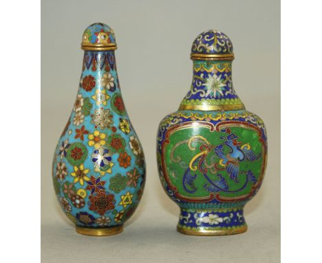 Two Chinese cloisonne enamel snuff bottles and stoppers, 1880-1940, the first of pear form decorated with flower medallions o