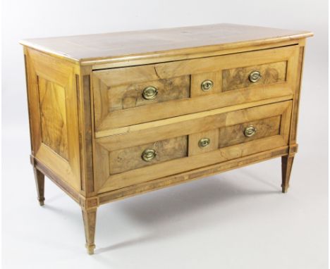 A late 18th / early 19th century Swiss walnut commode, the top and drawer fronts with burr walnut panels, fitted two long dra