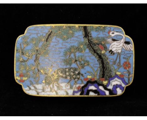 A Chinese cloisonne enamel belt buckle, late 18th / early 19th century, decorated with a crane and a deer amid rockwork and p