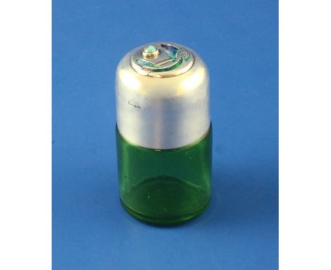 An Edwardian Arts & Crafts Liberty & Co Cymric silver and enamel mounted green glass salts bottle and stopper in the manner o