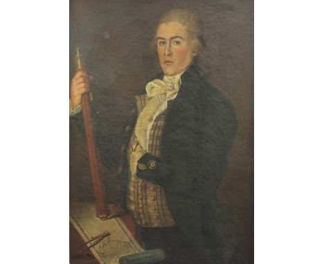 Candido (19th C. French School)oil on canvas,Portrait of a sea captain, half length, holding a telescope, with a chart before