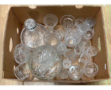 A quantity of assorted glass wares including six tumblers, decanter, sherry glasses, vases, bowls, brandy glass, liqueur glas