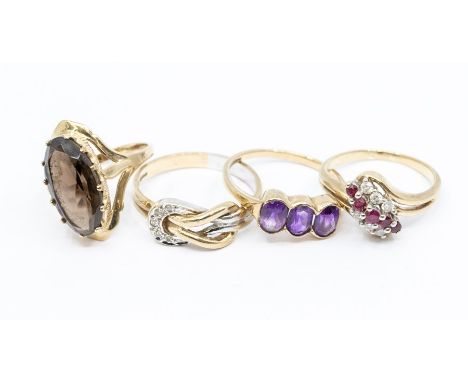 Four 9ct gold gem-set rings, including amethyst, smokey quartz, ruby and diamond, sizes S, P1/2, N, K, total gross weight app
