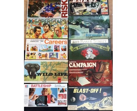 Vintage games collection including Waddingtons: Rat Race, Formula 1, Careers, Blast Off, Spears Wild Life, MB Battleships, Gi