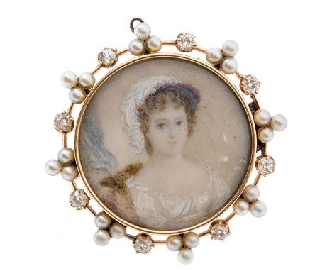 A 19th century portrait miniature of a Lady inset to the centre, the framed surround set with alternate old cut diamonds and 