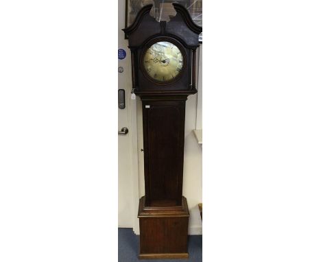 George II round brass face single hour longcase clock, no makers name,&nbsp; 9 1/2 inch dial with smaller hour date, Roman nu