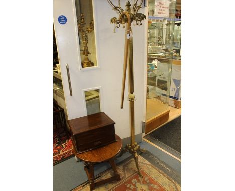 1950's brass hall stand along with reproduction oak round top table, sewing box and walking stick (4)