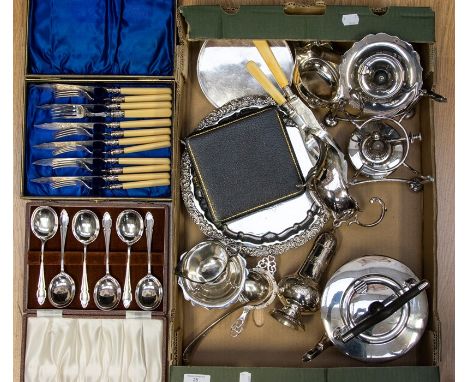 A collection of various silver plated ware; spirit kettle, fish set, sugar castor, sauce boats x 2, a silver plated salver, a