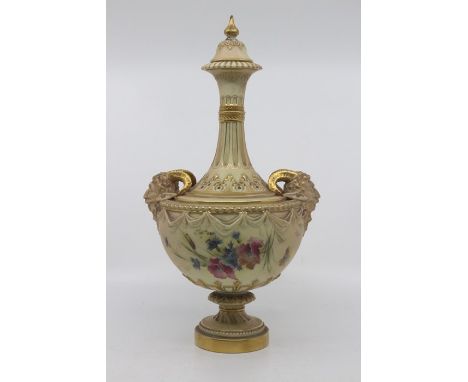 A Royal Worcester blush ivory vase and cover by Edward Raby, circa 1894, of baluster shape with twin satyr handles, with flut