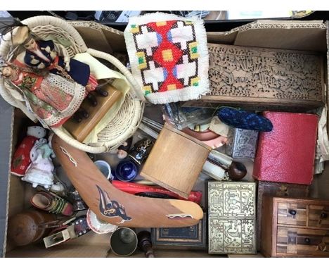 A collection of treen including boxed trinket boxes, glove boxes, small figures, metal boxes along with other collectable ite