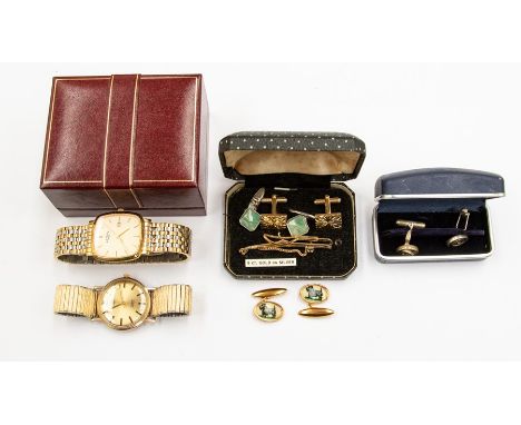A 9ct gold gents Rotary wristwatch, round gold tone dial, baton markers, on alter plated expander strap, along with another g