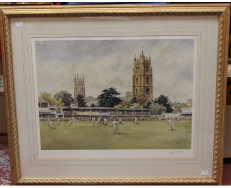 Cricket Interest: A framed and glazed print, after E.R. Sturgeon, Somerset County Cricket Ground, limited edition print, 156/