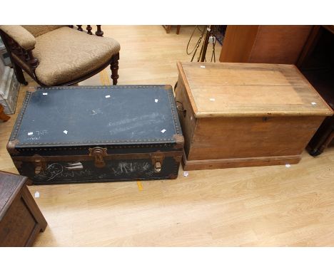 19th Century chest and an early 20th Century travel trunk containing linens (2)