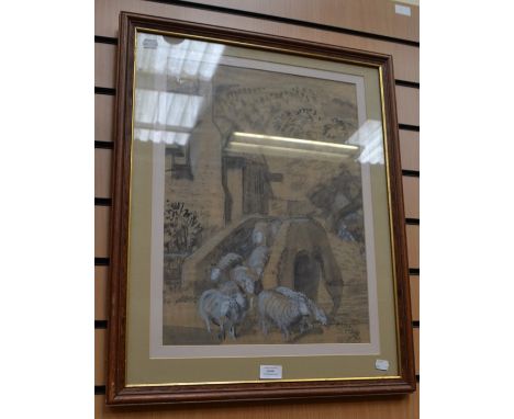 19th Century English School, preliminary study of sheep crossing a bridge, unsigned, pencil heightened with white, 50cm by 37