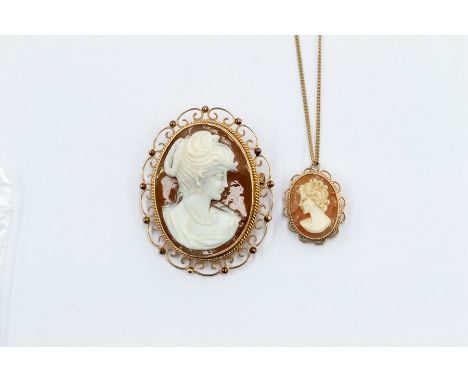A shell cameo brooch, depicting a portrait of a lady, in a pierced unmarked yellow metal frame assessed as a minimum of 9ct g