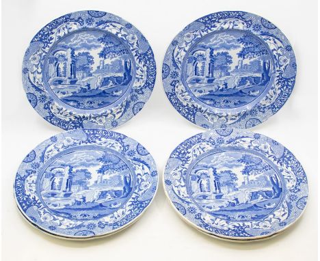 Six early 19th Century unmarked Spode blue and white dinner plates, all with same transfer printed scene
