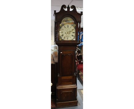 George III eight day longcase clock with enamelled painted dial, harbour scene, Roman numerals, maker John Bell of Ashbourne,