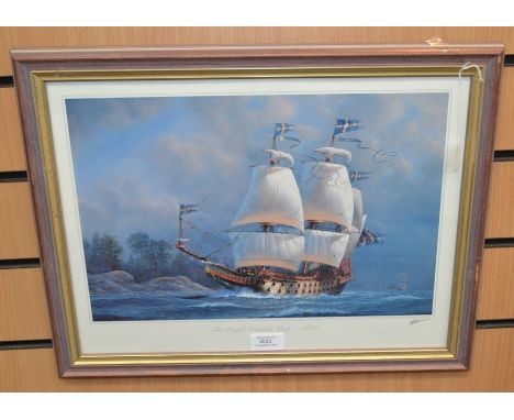 &nbsp;A&nbsp;print of a sea vessel titled The Royal Warship Vasa 1628, signed lower left, framed and glazed