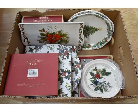 A collection of Spode Christmas tree items, boxed and unboxed, circa 1940-50's, jugs, late 20th Century, pots, glass figures,