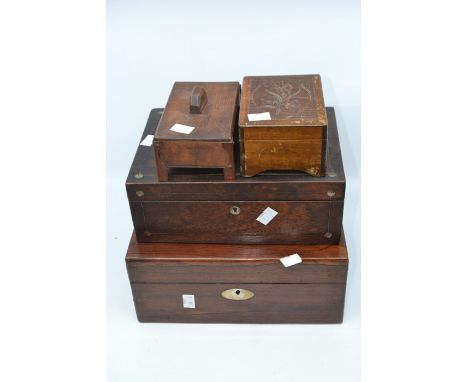 Two mahogany Victorian inlaid trinket boxes with inside tray along with two other treen boxes