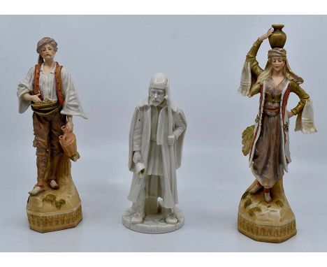 A Royal Worcester glazed parian figure 'The Watchman' (at fault), 18cm high, together with a pair of Austrian porcelain figur