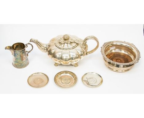 A collection of silver plate to include: Victorian pomegranate shaped teapot on scroll and paw feet (AF); a Georgian style wi