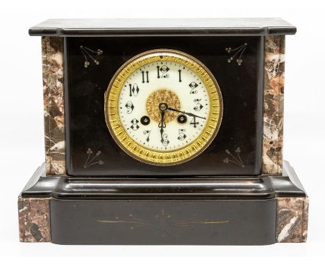 A French black and variegated marble mantel clock, circa 1900, of rectangular outline, the case etched with stylised flowers 