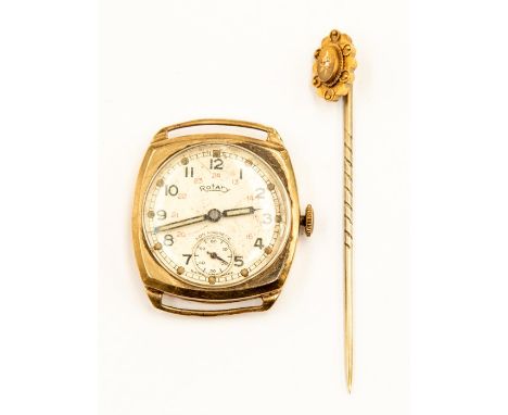 A 9ct gold Rotary watch (no strap), gross weight approx 15.2gms; together with a diamond set stick pin stamped 15ct (2)