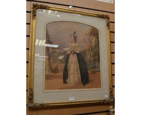 Central/Northern European School, mid-19th Century, full length portrait of lady holding papers outside a building, unsigned,