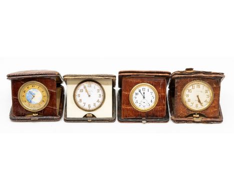 &nbsp;Three crocodile cased travel clocks, with Swiss eight day 'pocket watch' movements in tan square cases, 10.5cm (dials 4