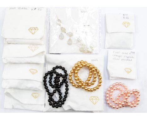 A multicoloured pearl necklace and earrings; a freshwater cultured pearl on leather necklace; Japanese Akoya cultured pearl n