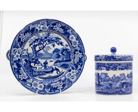 Copeland Spode biscuit barrel blue and white along with early 19th Century Spode plate warmer with scone of fisherman on lake