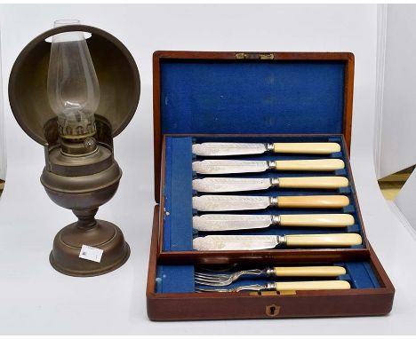A collectors lot to include; a lace makers lamp, plated fish knives and forks, in wooden case, with Staffordshire birds etc