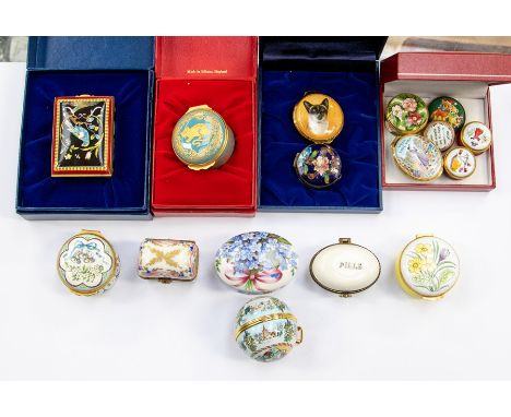 A group of miscellaneous enamel boxes (snuff, pill, patch and scent bottles holders) makers to include Limoges, Halcyon Days,