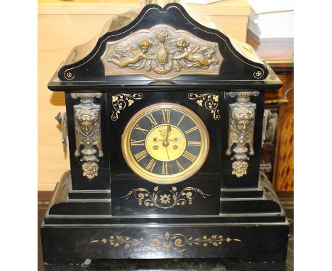 A 19th Century eight day slate cased mantel clock, probably French, 51cm high, 49cm wide, 17cm deep