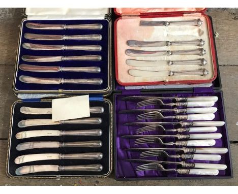 A collection of three cased silver fruit knife sets (one incomplete and damaged) all Sheffield marked along with a cased fish