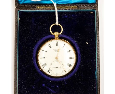 An 18ct gold Marshall of London pocket watch, white enamel dial with roman numeral markers,  subsidiary, approx 44mm, case di