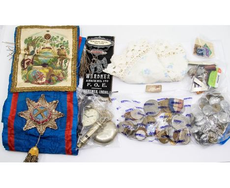 A collection of military items, including The Order of Druids Sash, various medals, two pocket watches, a collection of assor