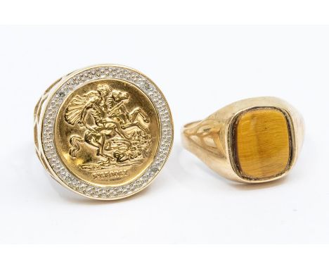 Two 9ct gold signet rings, one set with a cushion shaped tigers eye, size S, (shank is slightly misshaped) along with a coin 