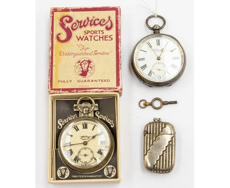 Two pocket watches: one boxed 1930's "Services Army" pocket watch with white enamel dial with Roman numerals and separate sec