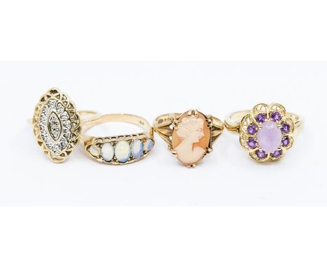 Four 9ct gold gem-set rings, including opal, cameo, amethyst etc, sizes M, O, K1/2, M1/2, total gross weight approx 11.3gmsCo