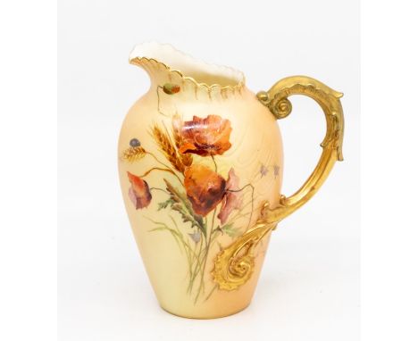 A Royal Worcester blush ivory milk jug, with a flowering foliage pattern, gilt scrolled handle, number 1832 to base, 14 cms h