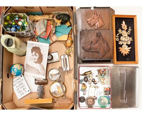 A mixed collectors lot containing wooden items, badges, flask, photo, marbles, small engine on stand etc (Q)