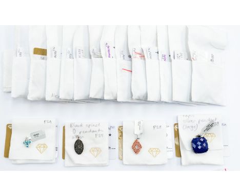 A collection of sterling silver gem-set pendants, including: blue topaz; blue zircon; black spinel; sapphire and white topaz 